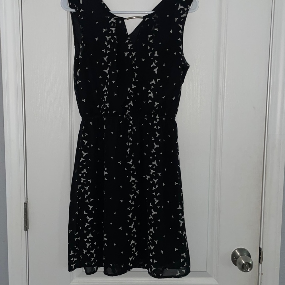Women’s Tempted Sleeveless Black Dress White Hummingbirds Sz M Elastic Waistband